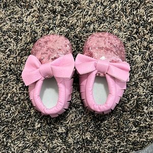 Pink sequin moccasins